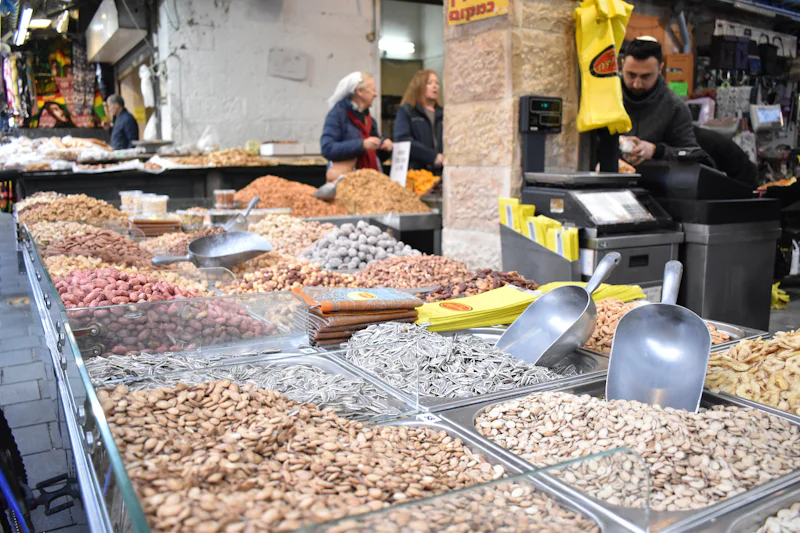 Nuts and dried fruit on a stall at the Mahane Yehuda market in Jerusalem